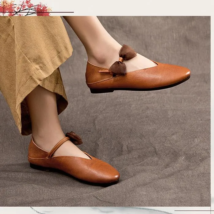 Womens Handmade Bow Comfort Pointed Toe Cowhide Leather Flats