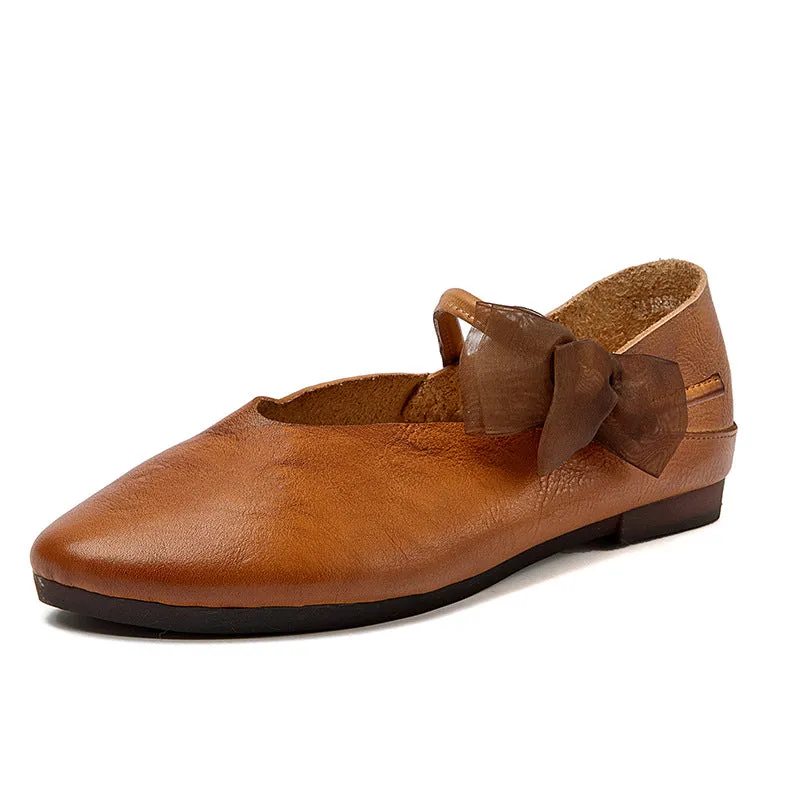 Womens Handmade Bow Comfort Pointed Toe Cowhide Leather Flats