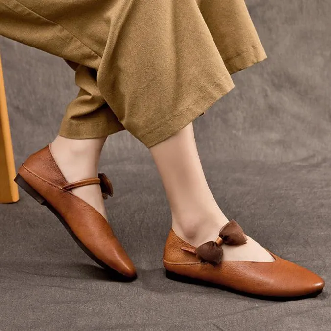 Womens Handmade Bow Comfort Pointed Toe Cowhide Leather Flats