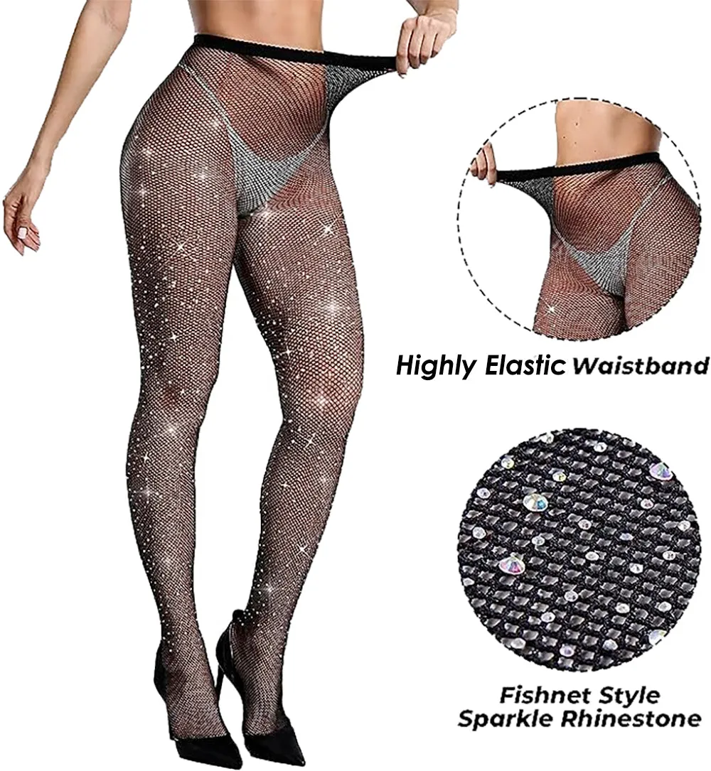 Xs and Os Women's High Waist Fishnet Rhinestone Stockings Sparkly Tights