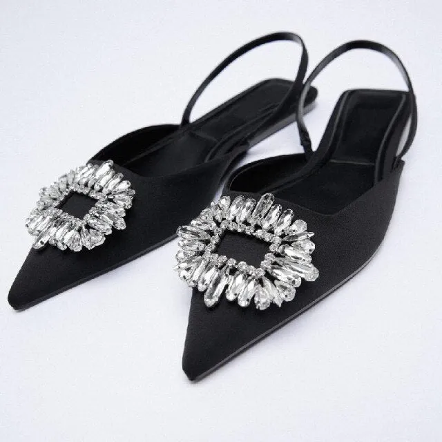 ZA Women's Shoes  Summer New Yellow Rhinestone Buckle Slingbacks Shoes Pointed Toe Flat Elegant Wedding Shoes