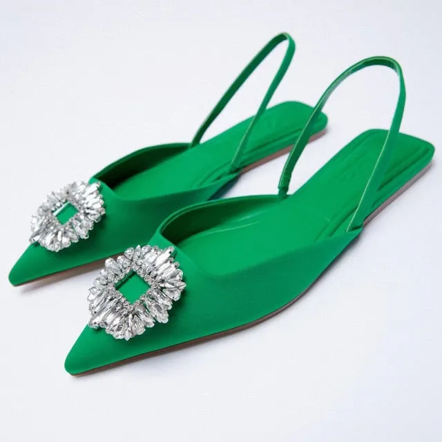 ZA Women's Shoes  Summer New Yellow Rhinestone Buckle Slingbacks Shoes Pointed Toe Flat Elegant Wedding Shoes