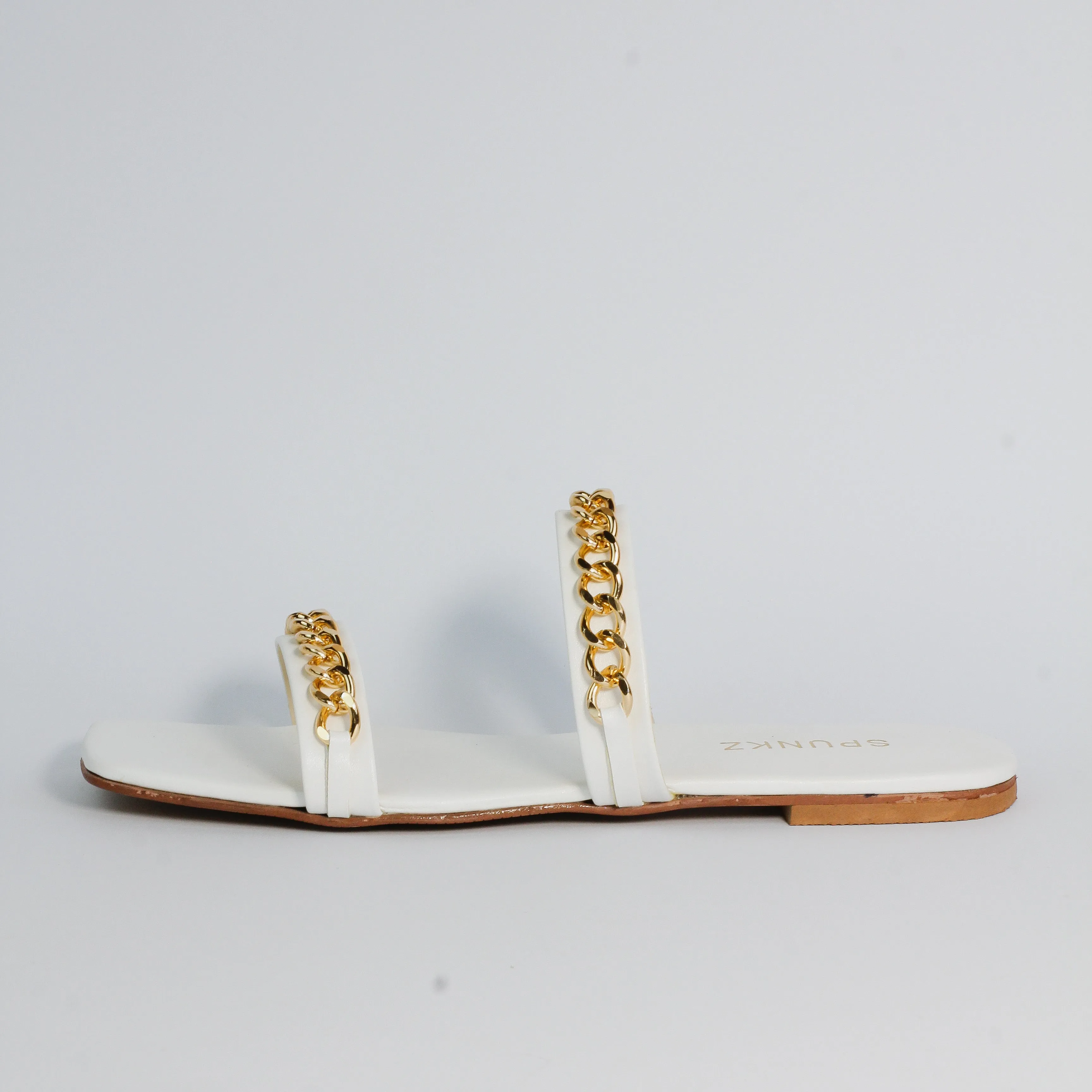 Ziva Square Toe Double Straps Metal Chain Flat Slippers