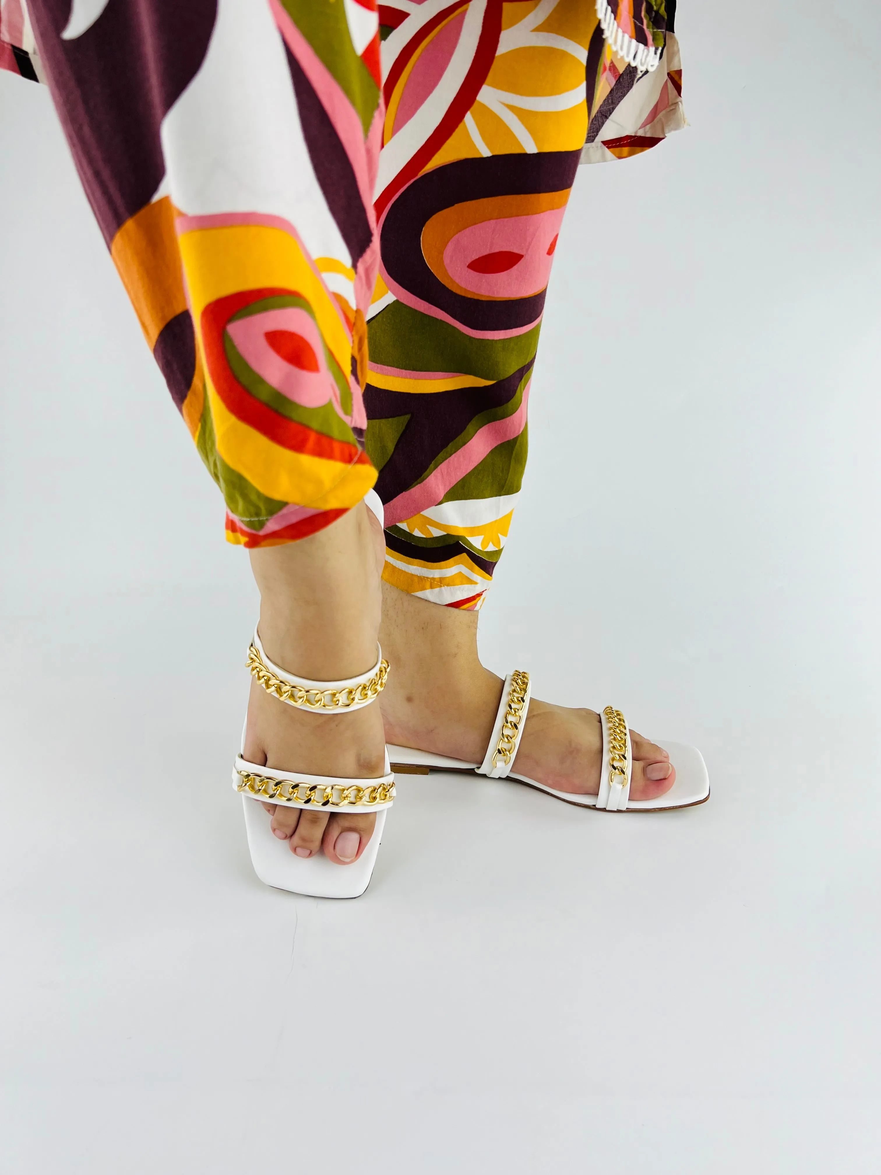 Ziva Square Toe Double Straps Metal Chain Flat Slippers