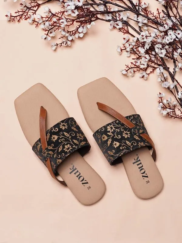 ZOUK Handcrafted Srinagar Garden Side Toe Flats Black